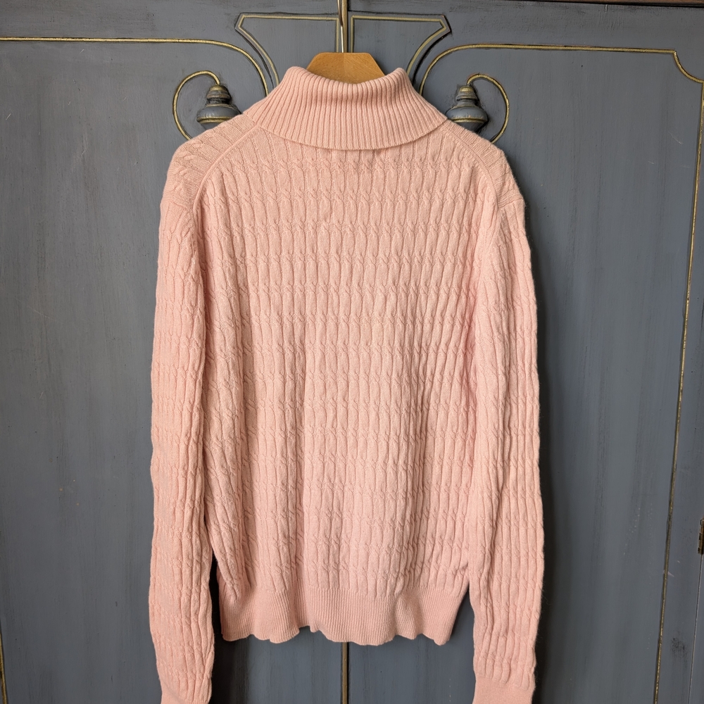 Saks Fifth Avenue 100% Cashmere Cable Knit Turtleneck Sweater Pink Small Vintage